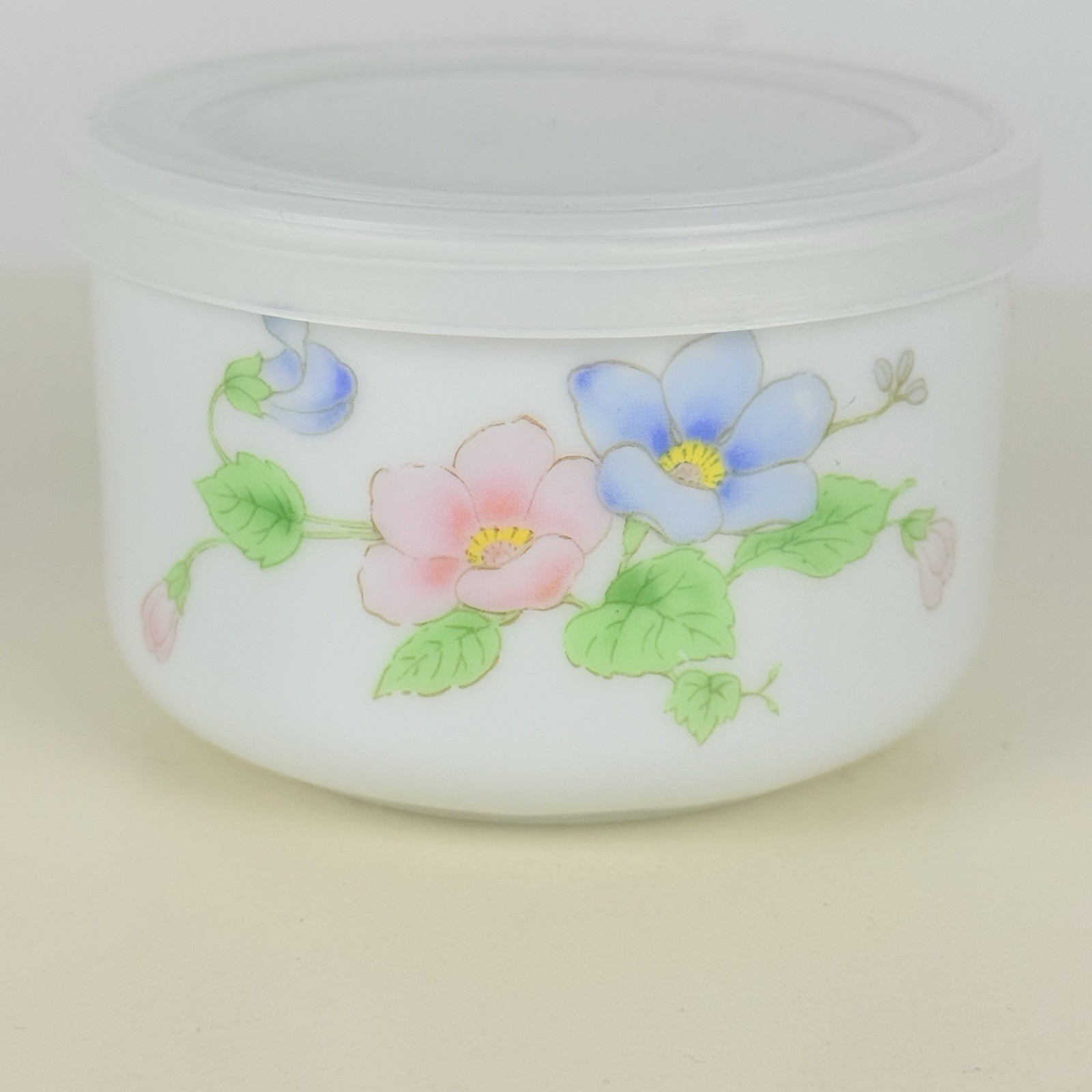 Vintage Floral Enamel Nesting Bowl Storage Container w/ Plastic Lid Pink Blue 2″