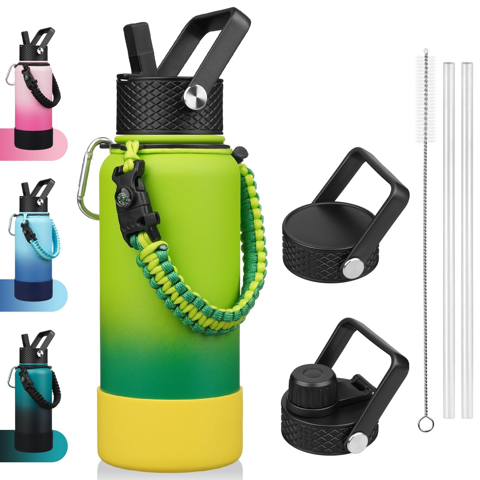 BJPKPK 32oz Insulated Water Bottle, 3 Lids, Paracord Handle, Non-slip Boot