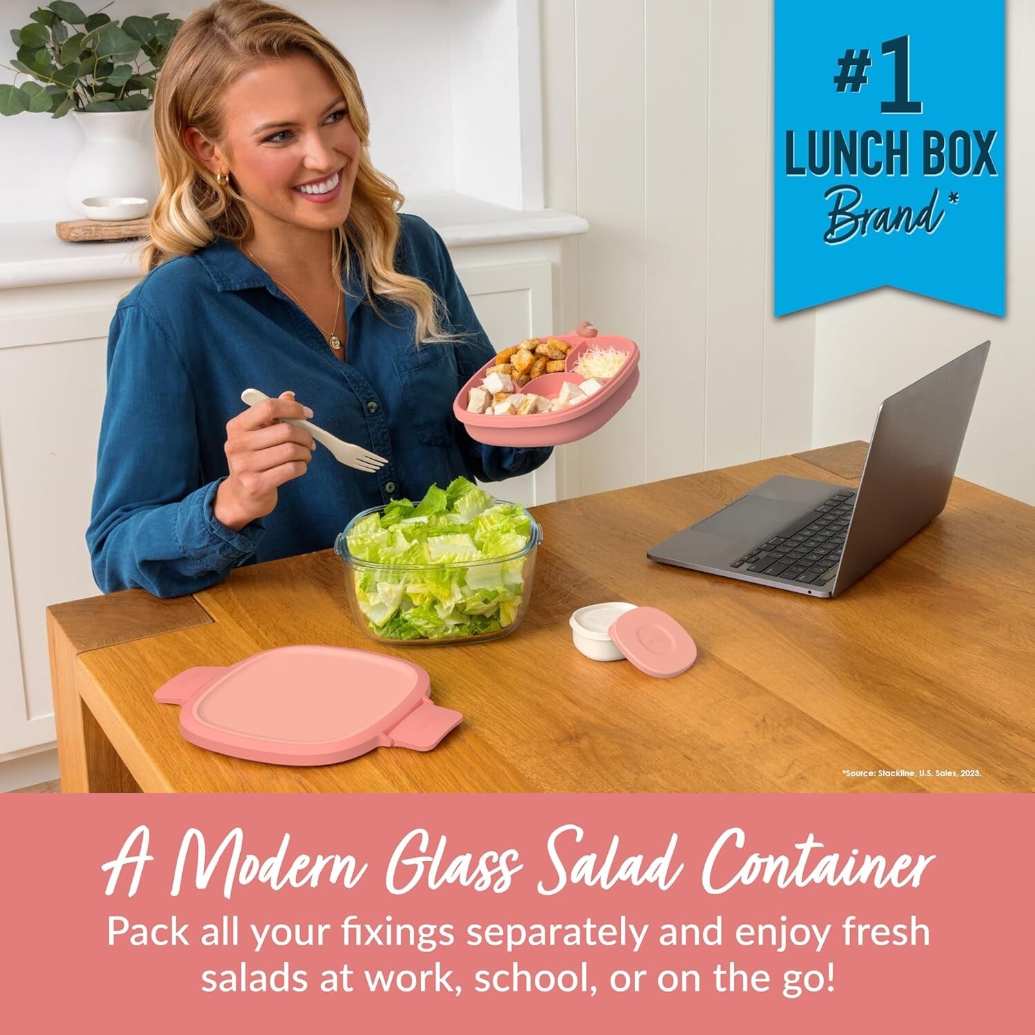 61-oz Glass Salad Bowl with Bento Tray & Leak-Proof Sauce Container – Coral