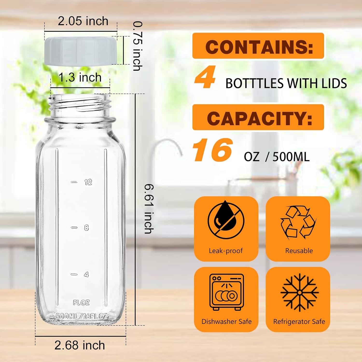 4 Pack 16 OZ Glass Milk Bottles W/ Lids Glass Juice Bottles W/ Scale & Silicone