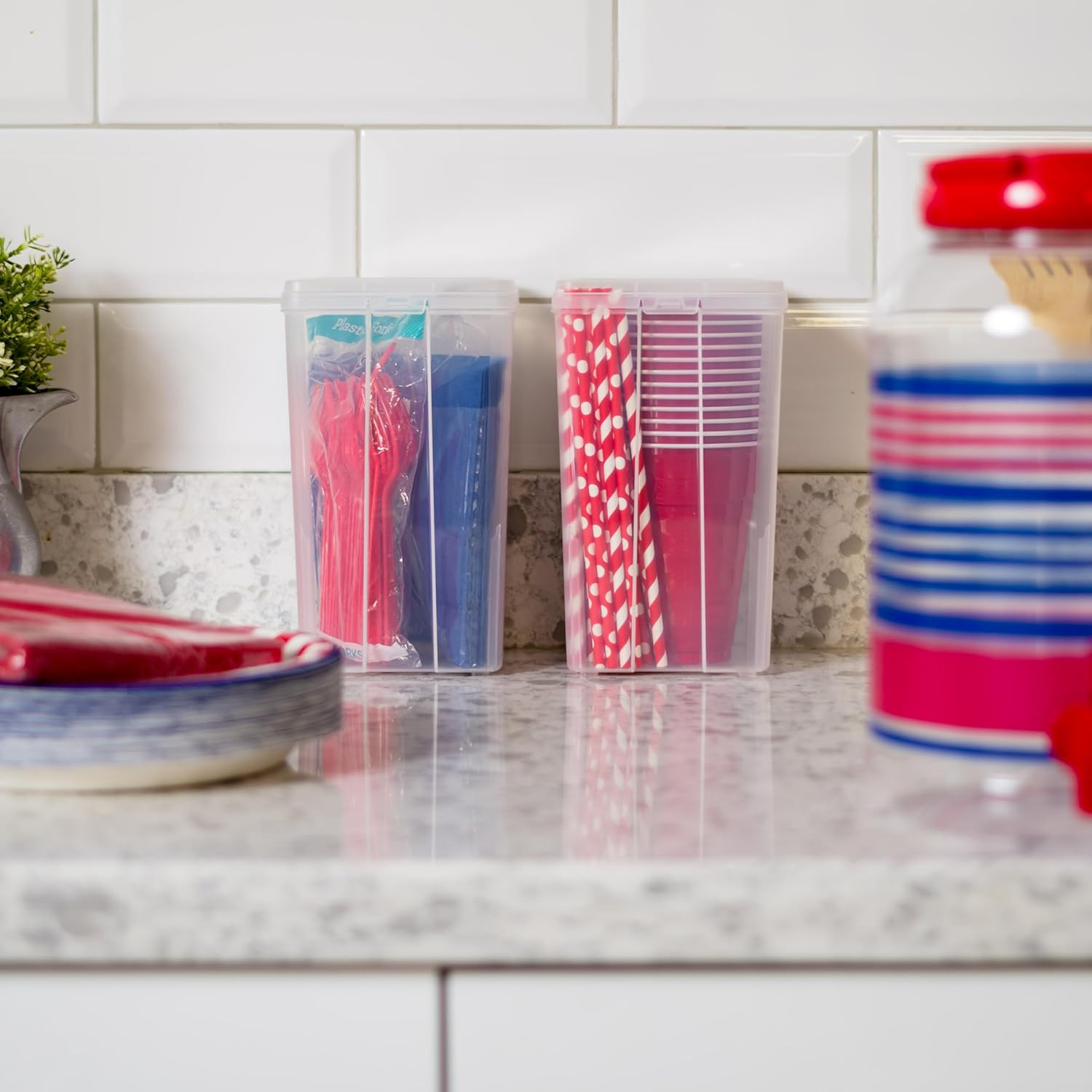 Vertical Plastic Flip Top Storage Containers Bins with Lids for Pantry, Home, Of
