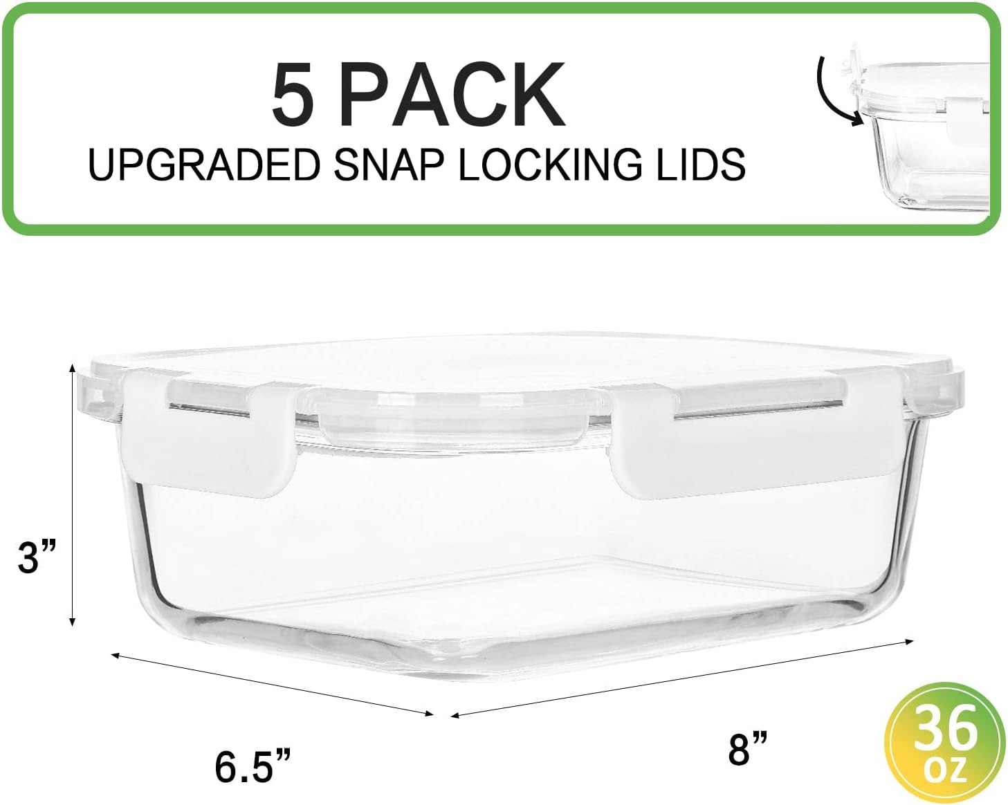 [5-Packs, 36 Oz.] Glass Meal Prep Containers with Locking Lids Glass Food Contai