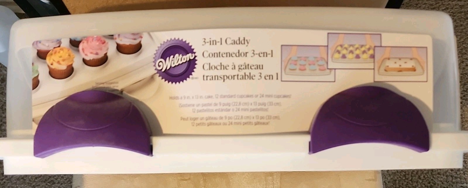 Wilton 3-in-1 Caddy Cake & Cupcake Container Snap Lid White Purple Tray