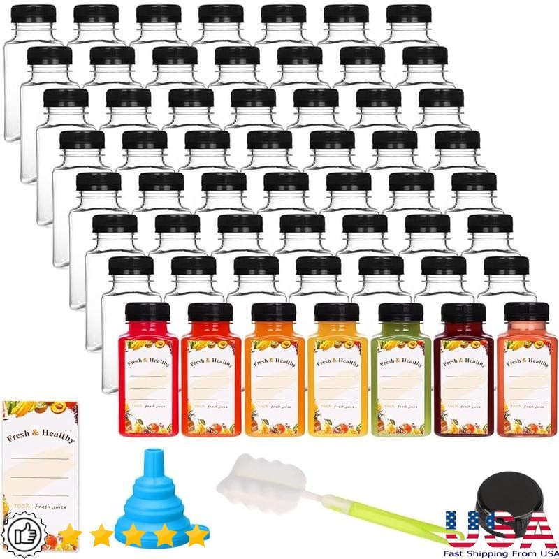 56pcs Reusable 8oz Plastic Juice Bottles W/ Caps Milkshakes Beverages Storage US