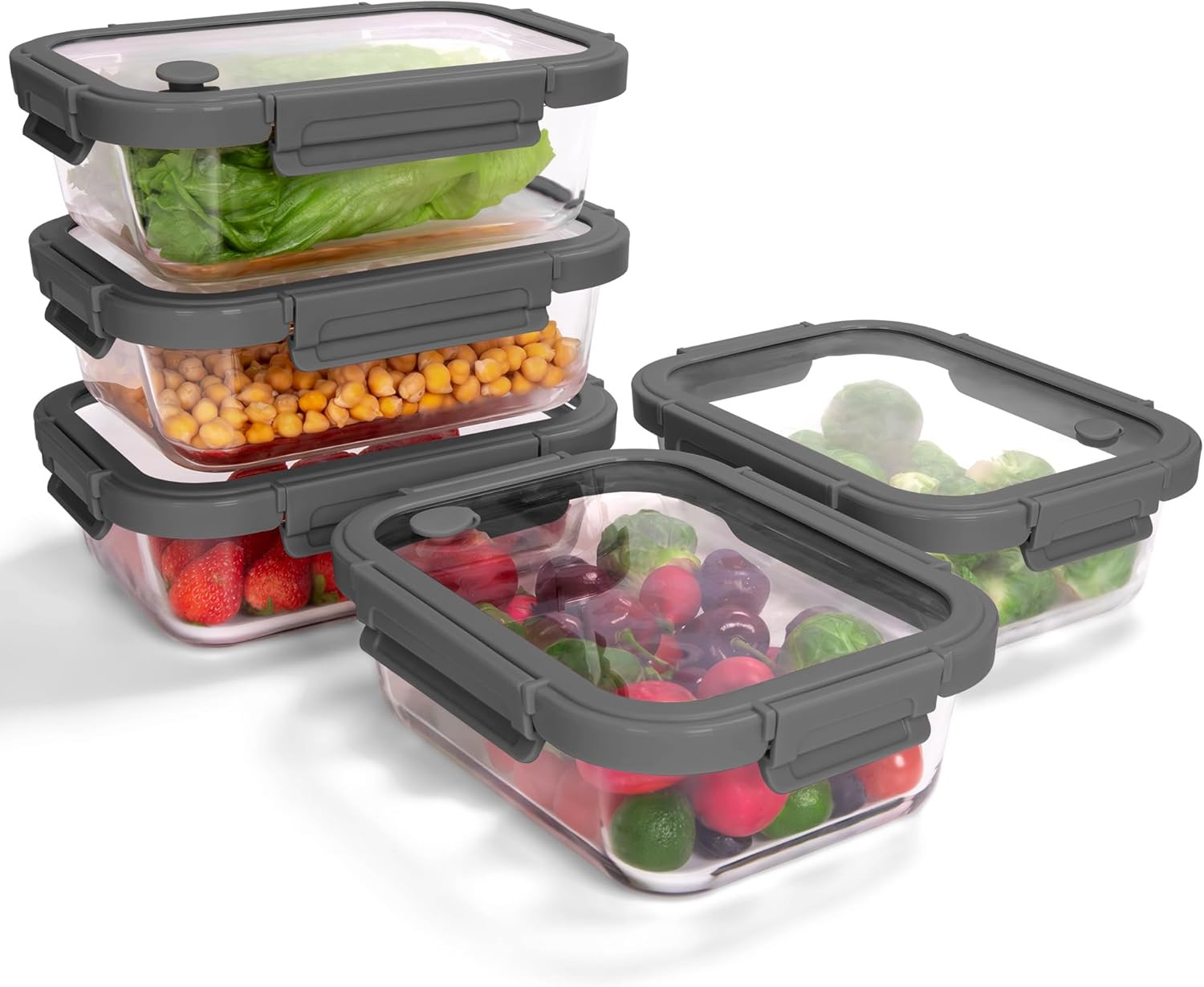 5-Pack Borosilicate Glass Containers with Tempered Lids, 35.2Oz/4.4 Cup Airtight