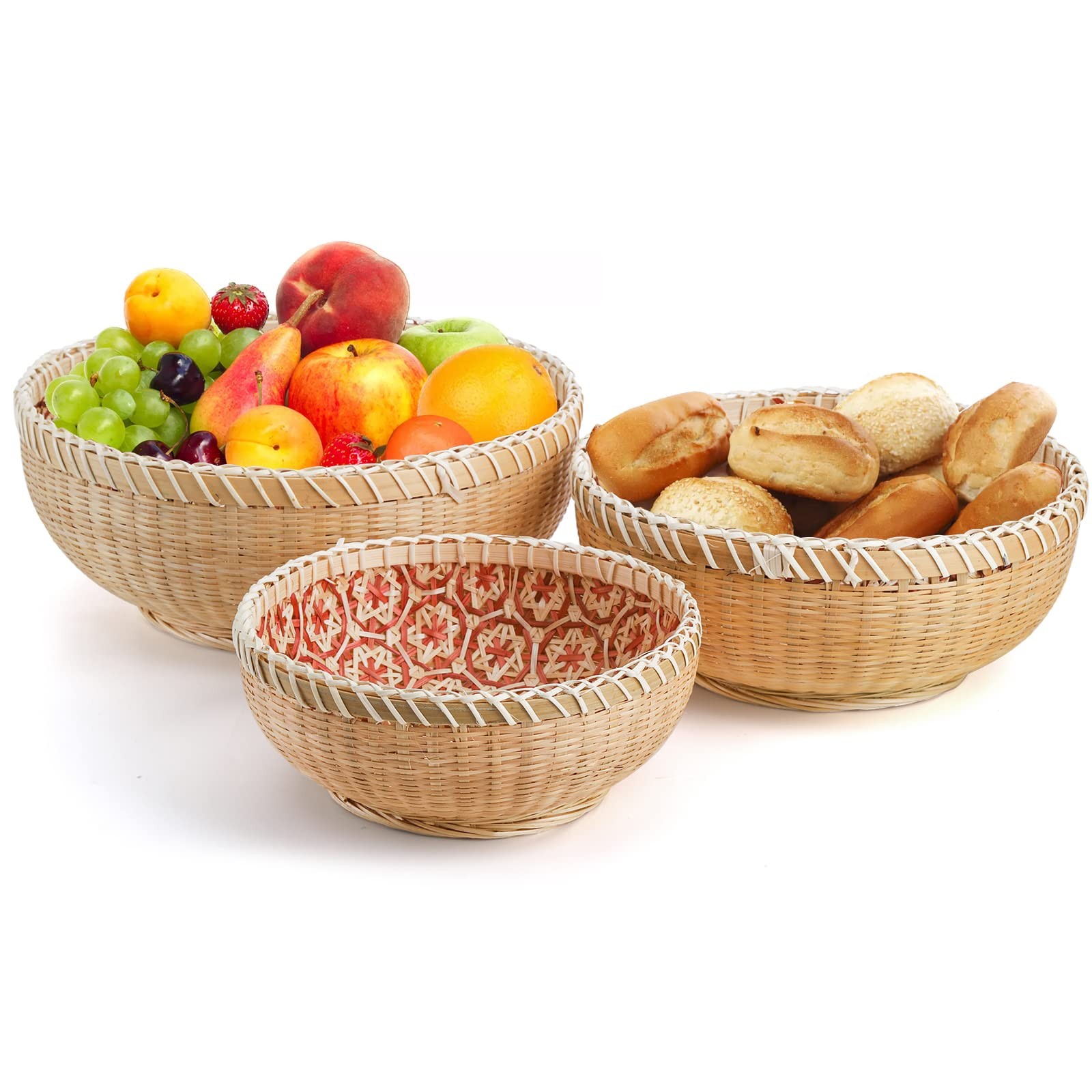 Set of 3 Round Wicker Fruit Baskets, Kitchen Wicker Woven Bread Basket Stacka…