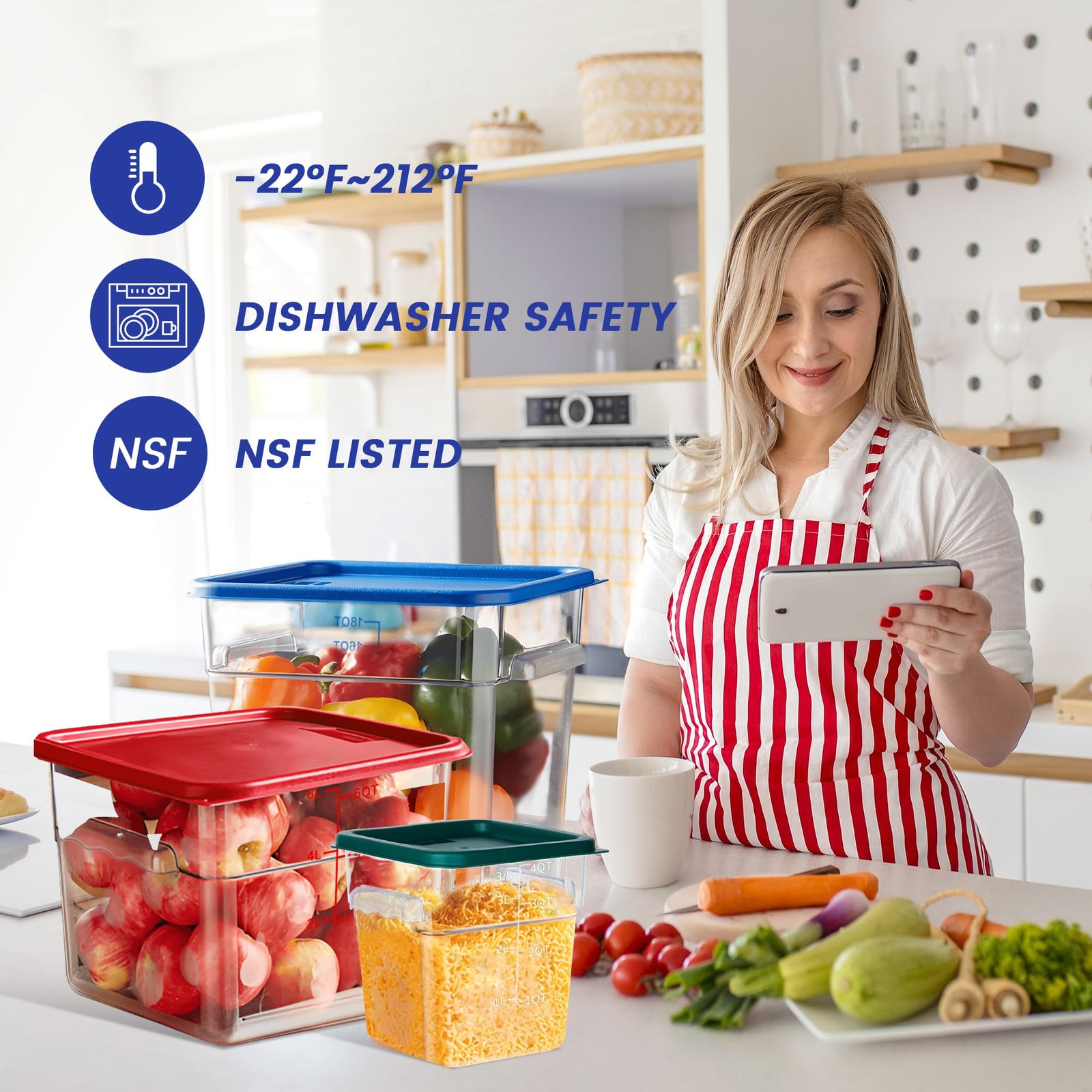 4 Pack Food Storage Containers, 22 Quart with Lids, Square Commercial Contain…
