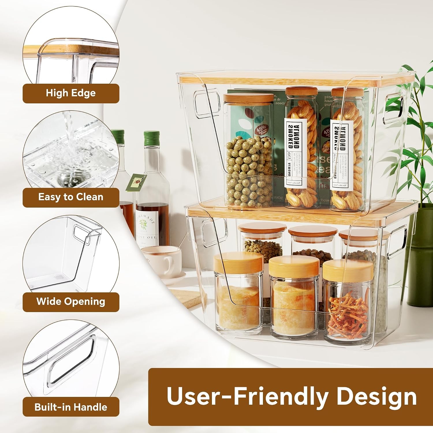 2 Set Pantry Organizers and Storage with Bamboo Lids Stackable Clear Bins for