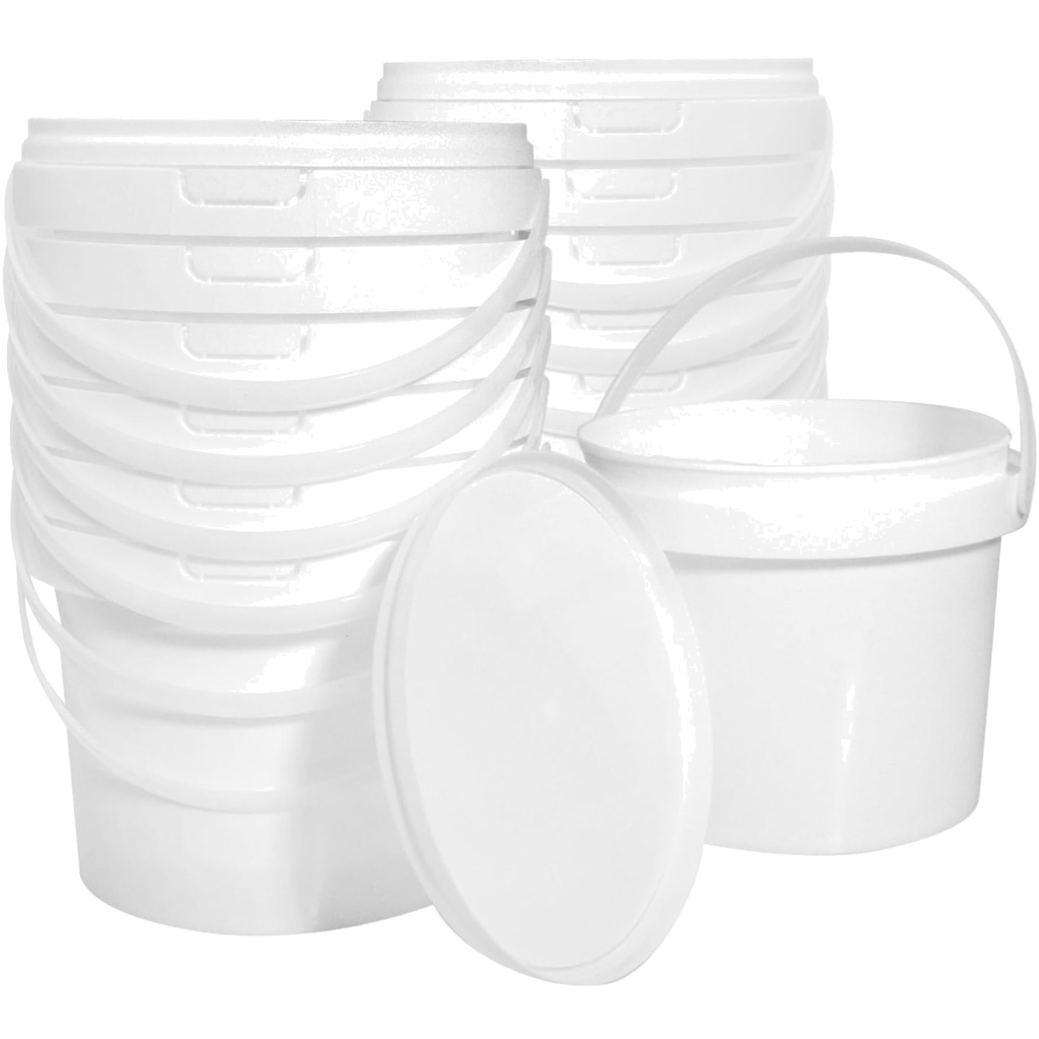 13 Pack 1.5 Quart White Plastic Bucket with Handle and Lid Food Storage Conta…