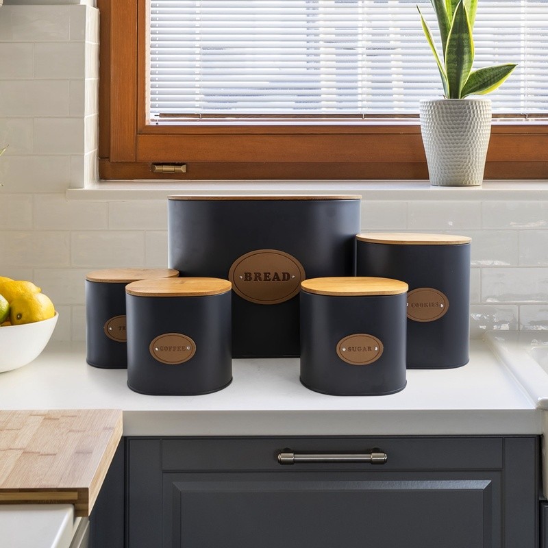5 Piece Kitchen Food Storage Canister Set Metal Containers Bamboo Lids New